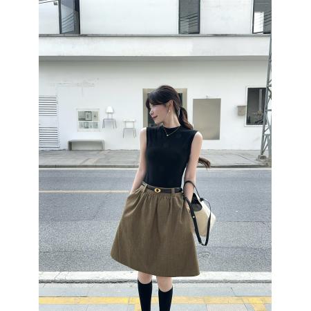 通勤百搭无袖针织背心+卡其色A字半身裙两件套装  服裝批發女裝批發服飾貨源