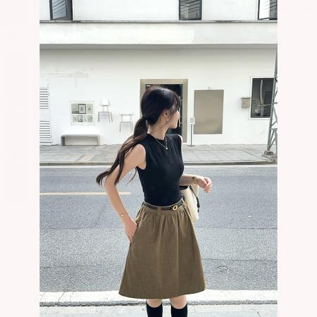 通勤百搭无袖针织背心+卡其色A字半身裙两件套装  服裝批發女裝批發服飾貨源