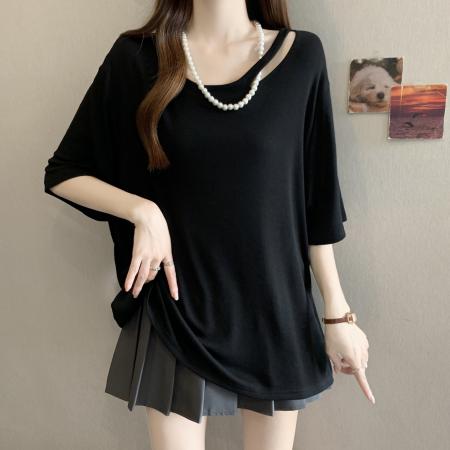 BY13620# 欧货大版正肩短袖t恤女夏季新款胖mm大码女装宽松遮肚U领上衣  服裝批發女裝批發服飾貨源