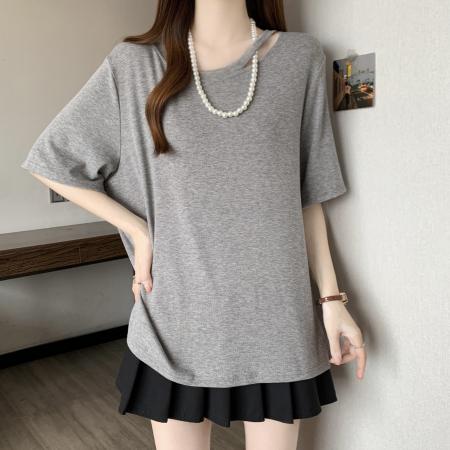 BY13620# 欧货大版正肩短袖t恤女夏季新款胖mm大码女装宽松遮肚U领上衣  服裝批發女裝批發服飾貨源