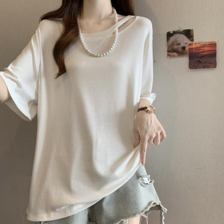 BY13620# 欧货大版正肩短袖t恤女夏季新款胖mm大码女装宽松遮肚U领上衣  服裝批發女裝批發服飾貨源