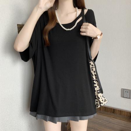 BY13620# 欧货大版正肩短袖t恤女夏季新款胖mm大码女装宽松遮肚U领上衣  服裝批發女裝批發服飾貨源