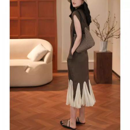 网红爆款衬衫式连衣裙女夏季新款设计感网纱拼接显瘦A字裙潮  服裝批發女裝批發服飾貨源