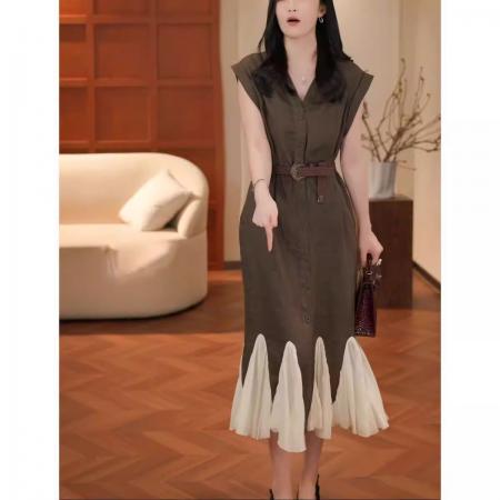 网红爆款衬衫式连衣裙女夏季新款设计感网纱拼接显瘦A字裙潮  服裝批發女裝批發服飾貨源