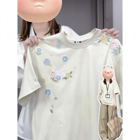 刺绣+内里铺布纯棉精梳紧密短袖t恤女  服裝批發女裝批發服飾貨源