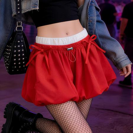 褶皱云朵花苞短裤裙女夏蝴蝶结抽绳南瓜裙裤撞色松紧腰蓬蓬灯笼裤  服裝批發女裝批發服飾貨源