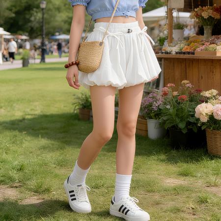 褶皱云朵花苞短裤裙女夏蝴蝶结抽绳南瓜裙裤撞色松紧腰蓬蓬灯笼裤  服裝批發女裝批發服飾貨源