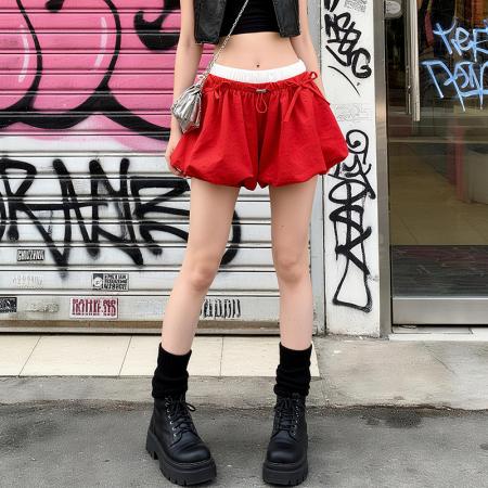 褶皱云朵花苞短裤裙女夏蝴蝶结抽绳南瓜裙裤撞色松紧腰蓬蓬灯笼裤  服裝批發女裝批發服飾貨源