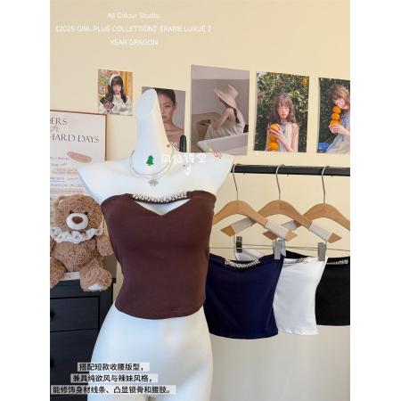 春装性感抹胸上衣女气质镂空钉钻背心自带胸垫  服裝批發女裝批發服飾貨源