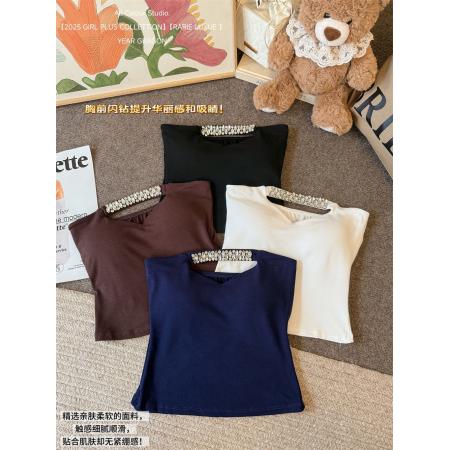 春装性感抹胸上衣女气质镂空钉钻背心自带胸垫  服裝批發女裝批發服飾貨源