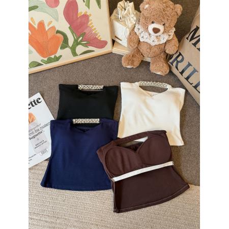 春装性感抹胸上衣女气质镂空钉钻背心自带胸垫  服裝批發女裝批發服飾貨源