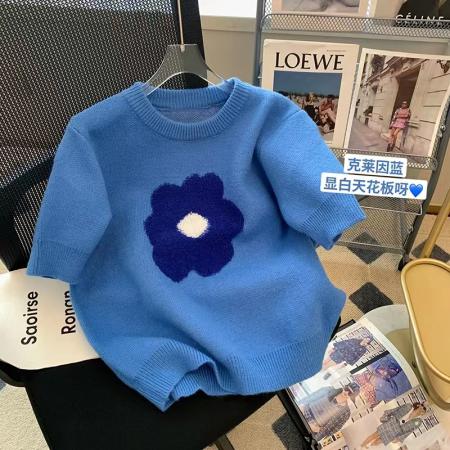 蓝色花朵泡泡袖毛衣女减龄短袖针织衫早春新款小个子洋气软糯上衣  服裝批發女裝批發服飾貨源