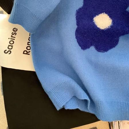 蓝色花朵泡泡袖毛衣女减龄短袖针织衫早春新款小个子洋气软糯上衣  服裝批發女裝批發服飾貨源