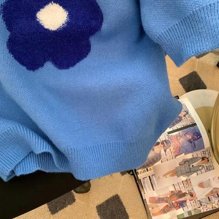 蓝色花朵泡泡袖毛衣女减龄短袖针织衫早春新款小个子洋气软糯上衣  服裝批發女裝批發服飾貨源