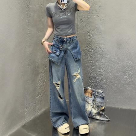 大码美式阔腿牛仔裤女新款胖mm显瘦破洞复古直筒梨型身材裤子  服裝批發女裝批發服飾貨源