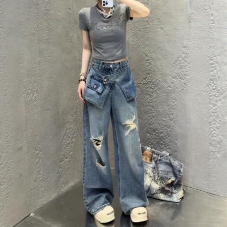 大码美式阔腿牛仔裤女新款胖mm显瘦破洞复古直筒梨型身材裤子  服裝批發女裝批發服飾貨源