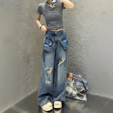 大码美式阔腿牛仔裤女新款胖mm显瘦破洞复古直筒梨型身材裤子  服裝批發女裝批發服飾貨源