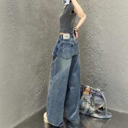 大码美式阔腿牛仔裤女新款胖mm显瘦破洞复古直筒梨型身材裤子  服裝批發女裝批發服飾貨源
