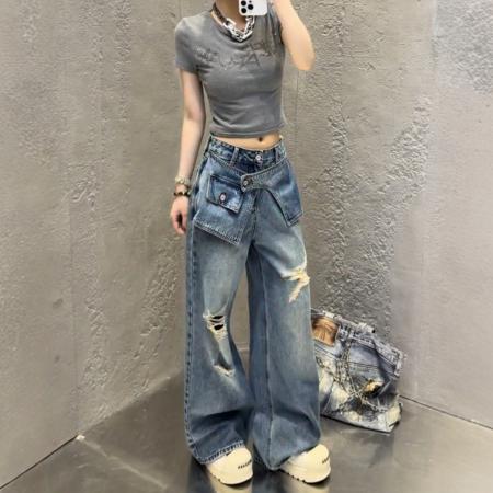 大码美式阔腿牛仔裤女新款胖mm显瘦破洞复古直筒梨型身材裤子  服裝批發女裝批發服飾貨源