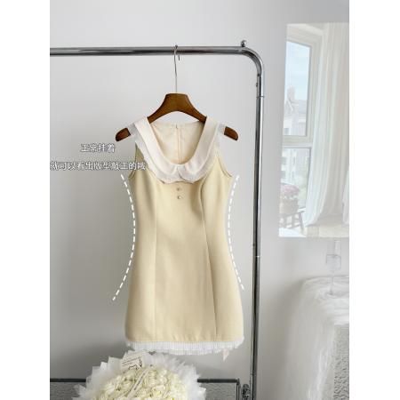 Q女家奶黄瘦瘦包/小香风娃娃领连衣裙女夏季收腰显瘦千金短裙子  服裝批發女裝批發服飾貨源