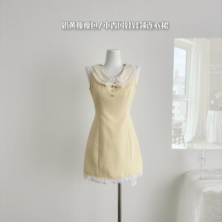 Q女家奶黄瘦瘦包/小香风娃娃领连衣裙女夏季收腰显瘦千金短裙子  服裝批發女裝批發服飾貨源