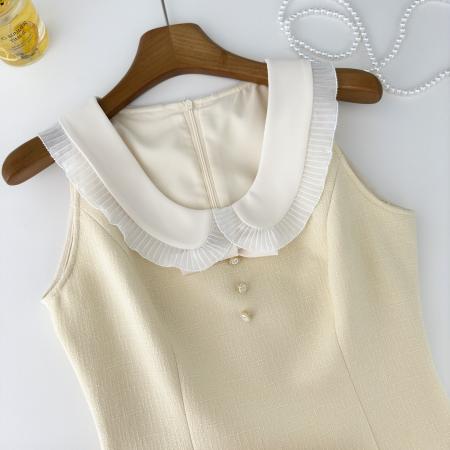 Q女家奶黄瘦瘦包/小香风娃娃领连衣裙女夏季收腰显瘦千金短裙子  服裝批發女裝批發服飾貨源