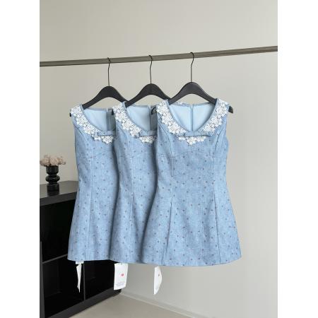 Q女家花颂收藏家/早春装千金牛仔背心裙蕾丝打底蓝色连衣裙  服裝批發女裝批發服飾貨源