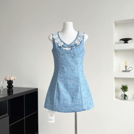 Q女家花颂收藏家/早春装千金牛仔背心裙蕾丝打底蓝色连衣裙  服裝批發女裝批發服飾貨源