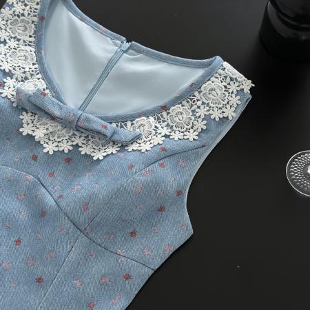 Q女家花颂收藏家/早春装千金牛仔背心裙蕾丝打底蓝色连衣裙  服裝批發女裝批發服飾貨源