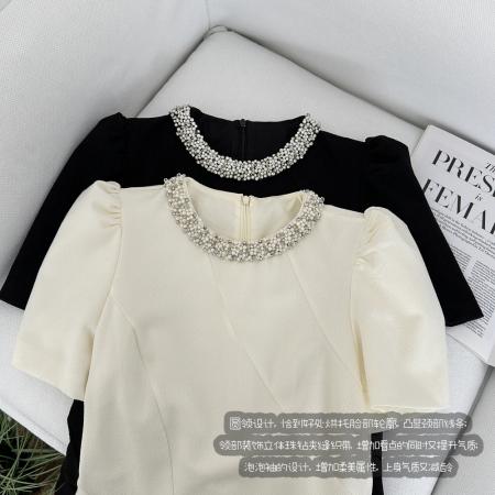 oshea赫本千金风泡泡袖连衣裙女新款夏季减龄显瘦a字短伞裙  服裝批發女裝批發服飾貨源