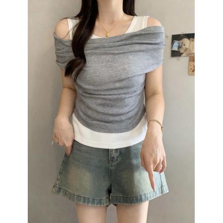 微胖定制大码露肩拼接假两件短袖T恤女夏季胖mm一字肩上衣  服裝批發女裝批發服飾貨源