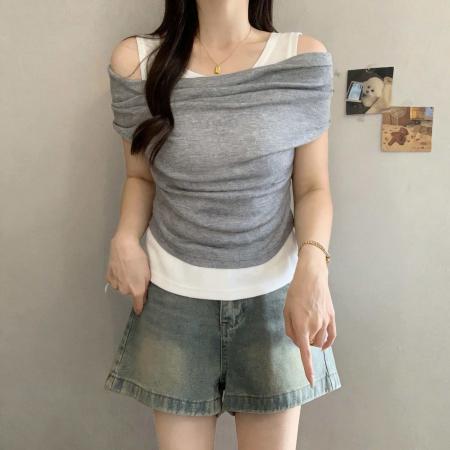 微胖定制大码露肩拼接假两件短袖T恤女夏季胖mm一字肩上衣  服裝批發女裝批發服飾貨源