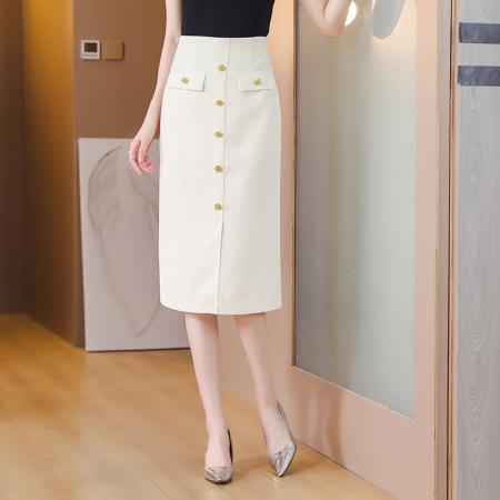 法式简约高腰半身裙女春季新品别致洋气纽扣装饰包臀半身裙女  服裝批發女裝批發服飾貨源