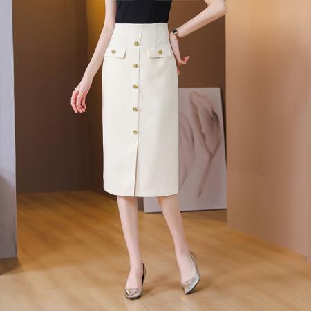 法式简约高腰半身裙女春季新品别致洋气纽扣装饰包臀半身裙女  服裝批發女裝批發服飾貨源