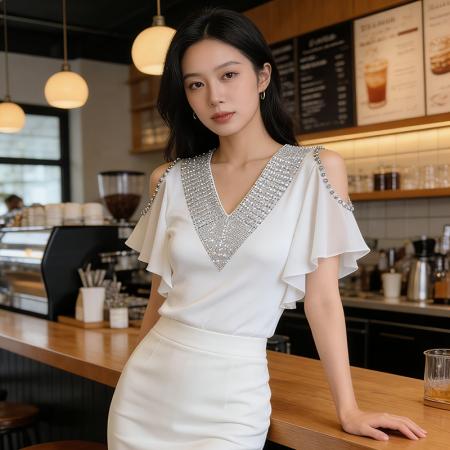 夏季新款V领镶钻不规则雪纺花边无袖拼接修身显瘦设计感轻奢小衫  服裝批發女裝批發服飾貨源