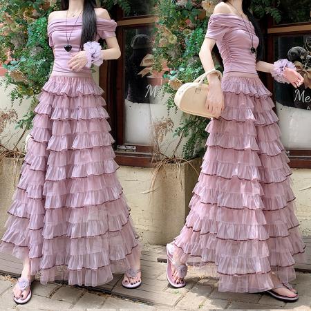 重工拼接印花网纱蛋糕裙半身裙女夏季新款显瘦裙子长裙半裙伞裙  服裝批發女裝批發服飾貨源