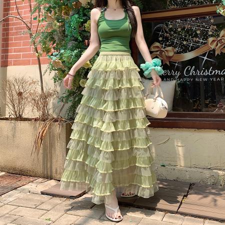 重工拼接印花网纱蛋糕裙半身裙女夏季新款显瘦裙子长裙半裙伞裙  服裝批發女裝批發服飾貨源