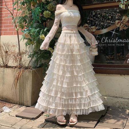 重工拼接印花网纱蛋糕裙半身裙女夏季新款显瘦裙子长裙半裙伞裙  服裝批發女裝批發服飾貨源