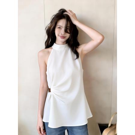 挂脖无袖雪纺衫女小众夏季新款气质收腰显瘦法式上衣背心潮  服裝批發女裝批發服飾貨源