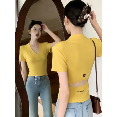 夏季新款韩版时尚气质小心机后背镂空上衣修身短袖T恤短款  服裝批發女裝批發服飾貨源