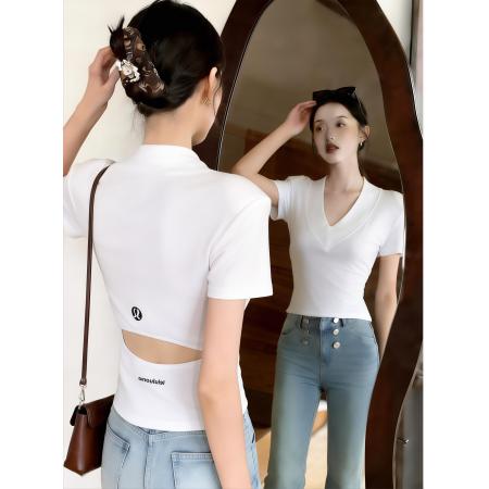 夏季新款韩版时尚气质小心机后背镂空上衣修身短袖T恤短款  服裝批發女裝批發服飾貨源
