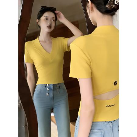 夏季新款韩版时尚气质小心机后背镂空上衣修身短袖T恤短款  服裝批發女裝批發服飾貨源