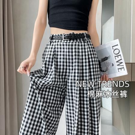 黑白格子休闲裤女夏日新款棉麻冰丝垂感直筒裤慵懒风休闲拖地长裤  服裝批發女裝批發服飾貨源