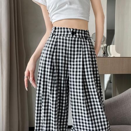 黑白格子休闲裤女夏日新款棉麻冰丝垂感直筒裤慵懒风休闲拖地长裤  服裝批發女裝批發服飾貨源