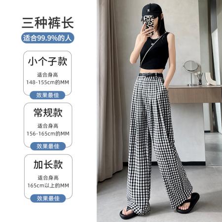 黑白格子休闲裤女夏日新款棉麻冰丝垂感直筒裤慵懒风休闲拖地长裤  服裝批發女裝批發服飾貨源