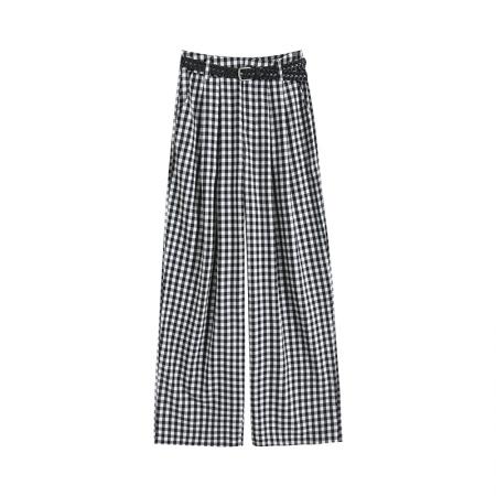 黑白格子休闲裤女夏日新款棉麻冰丝垂感直筒裤慵懒风休闲拖地长裤  服裝批發女裝批發服飾貨源