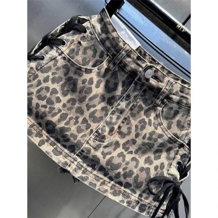 小众设计感绑带辣妹包臀裙女春夏美式复古高街豹纹牛仔半身裙  服裝批發女裝批發服飾貨源