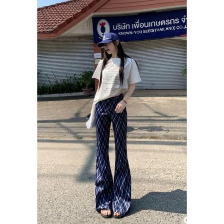 小个子复古蓝格子条纹微喇叭裤春夏垂感通勤高级休闲韩系长裤女  服裝批發女裝批發服飾貨源