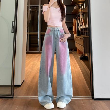 美式浅蓝腮红涂色阔腿牛仔裤女春新款宽松显瘦拖地直筒裤  服裝批發女裝批發服飾貨源