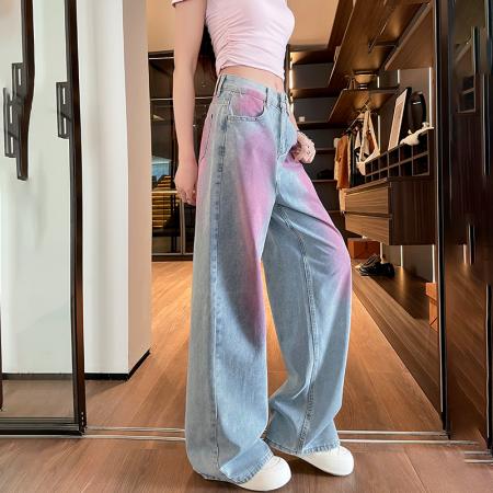 美式浅蓝腮红涂色阔腿牛仔裤女春新款宽松显瘦拖地直筒裤  服裝批發女裝批發服飾貨源